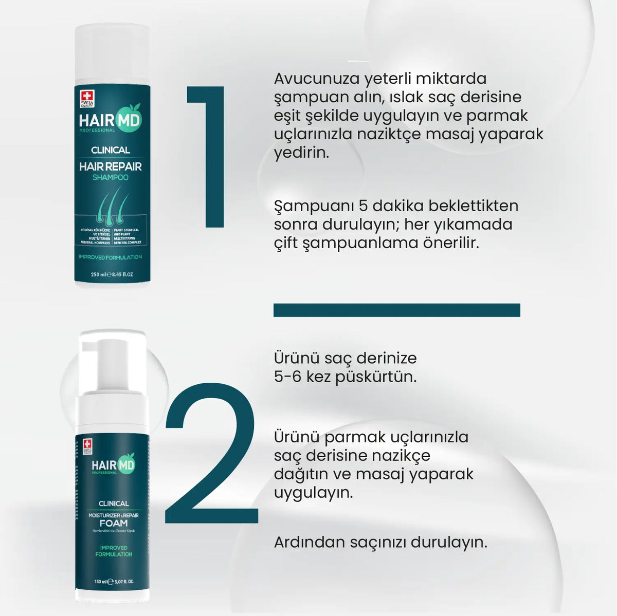 HairMD Clinical Onarıcı Bakım Seti (Şampuan 250 ml + Köpük 150 ml) - HAİR MEDİCAL SHOP