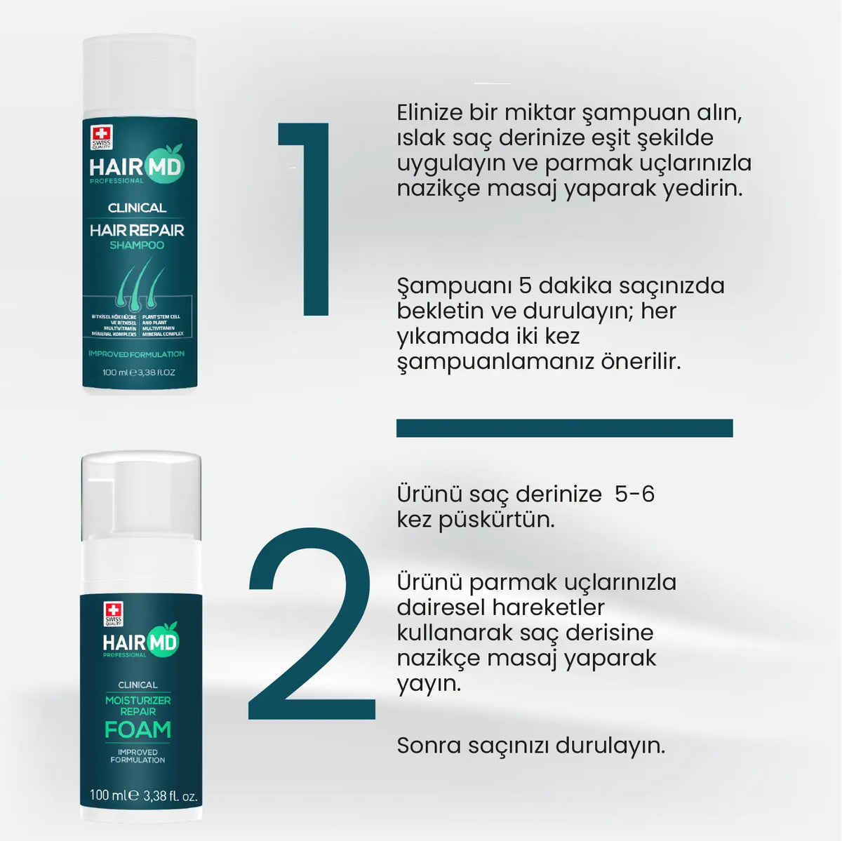 HairMD Clinical Onarıcı Bakım Seti (Şampuan 100 ml + Köpük 100 ml) - HAİR MEDİCAL SHOP