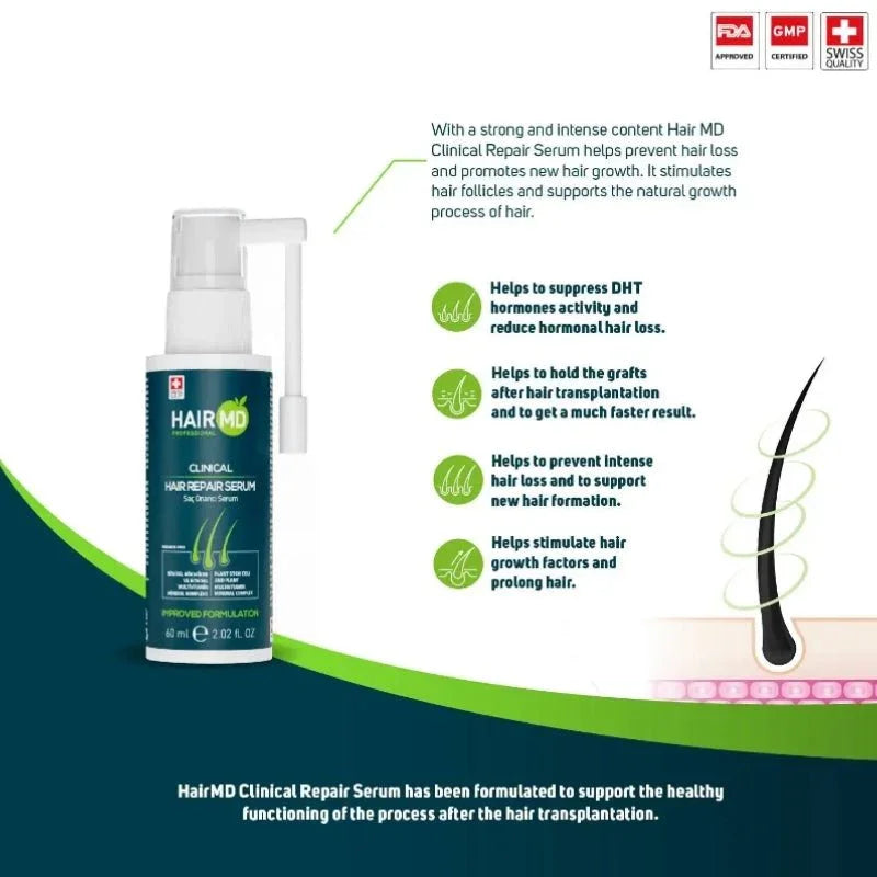 HairMD Klinik Saç Onarıcı Serum spray bottle, 60 ml, with a sleek design and applicator nozzle for hair repair and nourishment.