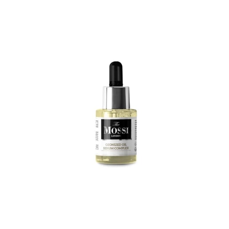 The Mossi London Ozonized Hair Oil Complex spray bottle, 30ml, with a sleek design and clear label showing product details.