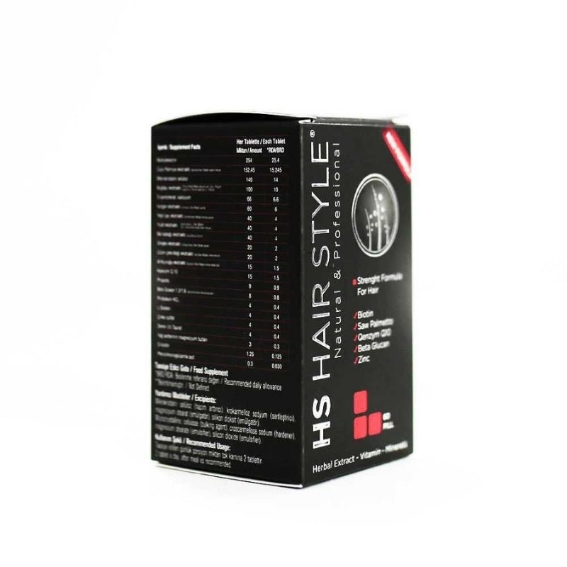 HS Hair Style Biotin Tablet, dietary supplement in blister pack, designed to support healthy hair growth and strengthen hair.
