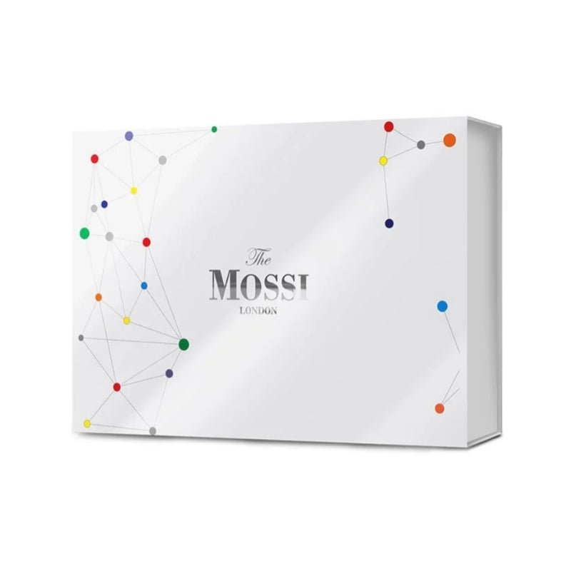 The Mossi London Meso Serum set for hair loss therapy, featuring small bottles with dropper caps and sleek packaging.
