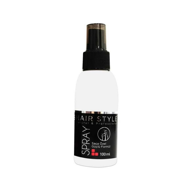 HS Hair Style Sprey bottle, hair styling spray from HS Hair Style brand, with a clear label and spray nozzle visible.
