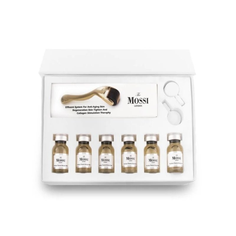 The Mossi London Meso Serum set for hair loss therapy, featuring sleek bottles with dropper applicators.