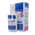 Evocapil Plus spray bottle with hair treatment solution, featuring a white and green label, designed for hair care.