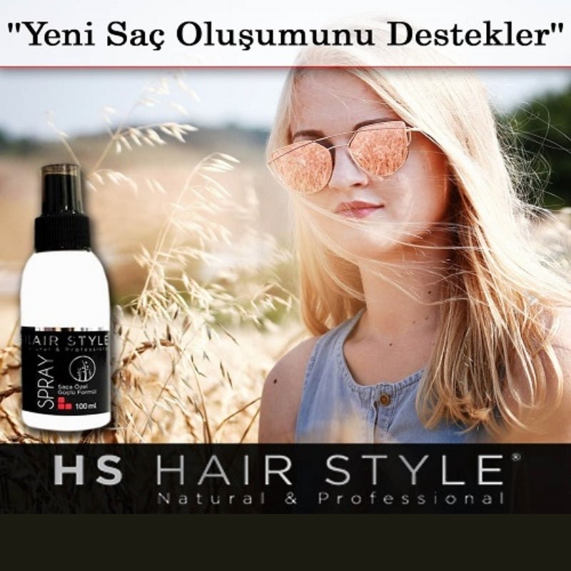 HS Hair Style Sprey bottle with spray nozzle, designed for styling and hold, featuring the HS Hair Style branding on the label.