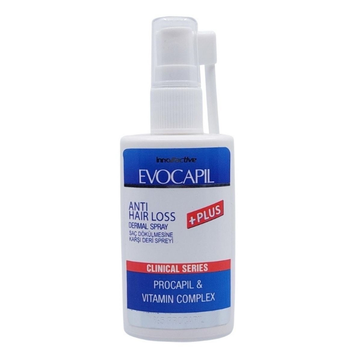 EVOCAPIL PLUS spray bottle, hair growth treatment from EVOCAPIL PLUS brand, with nozzle and label visible in the image.