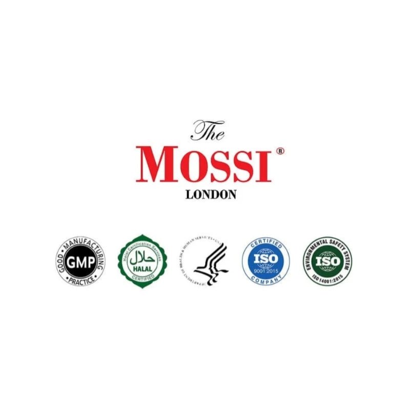 The Mossi London Şampuan bottle with sleek black and white packaging, designed for hair care, on a white background.