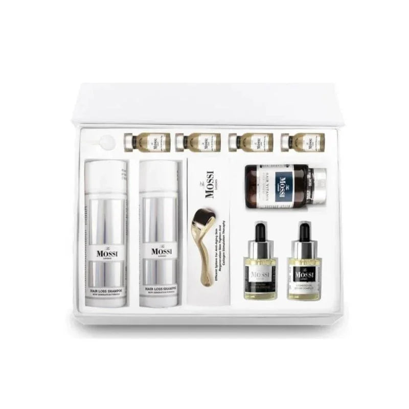 The Mossi London 2 Months Flacon Plus Hair Set with bottles of hair serum and accessories for hair care.