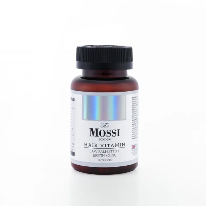 The Mossi London Saç Vitamini gıda takviyesi bottle with label and capsules, designed for healthy hair nourishment.