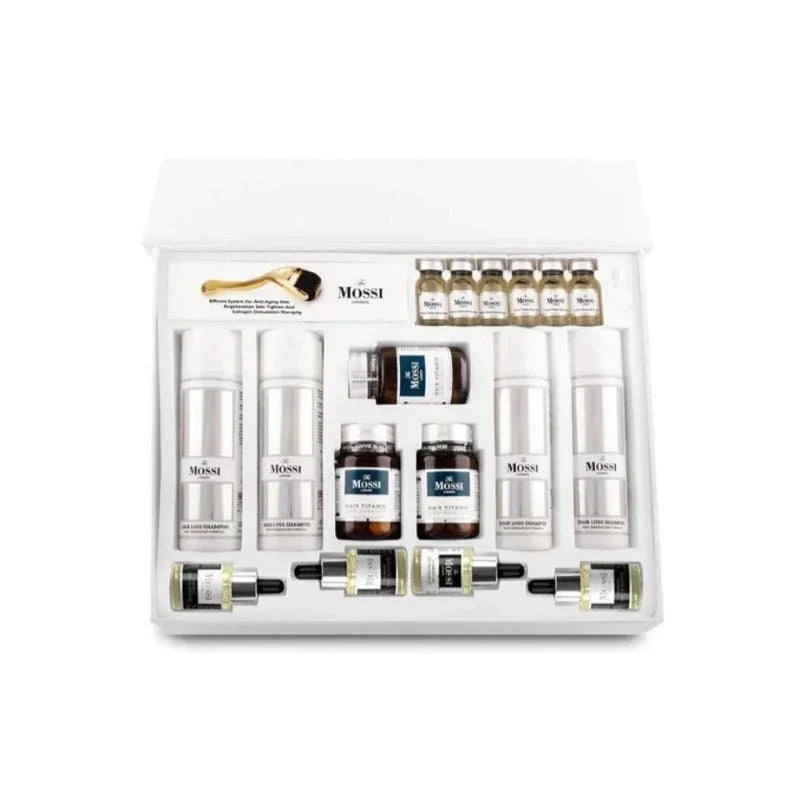 The Mossi London 6 Months Flacon Plus Hair Set with bottles and hair treatment products arranged on a white background.