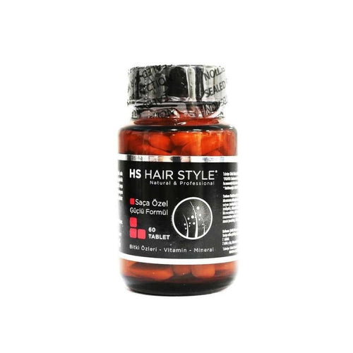 HS Hair Style Biotin Tablet, dietary supplement for hair health, showing the bottle with label and tablets inside.
