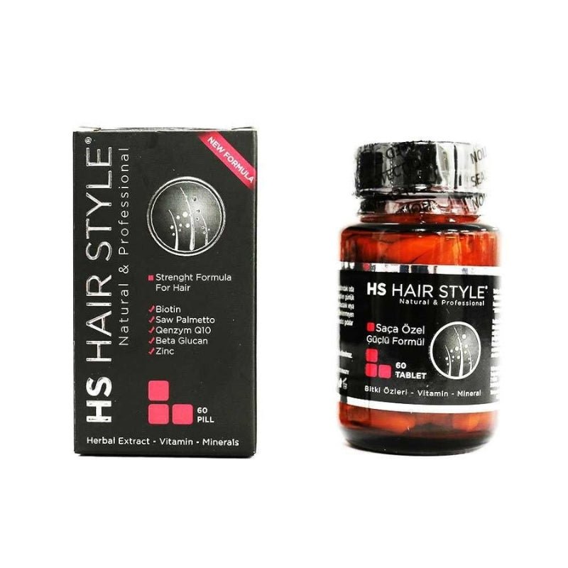 HS Hair Style Biotin Tablet, dietary supplement for hair health, showing the tablet packaging and supplement bottle.