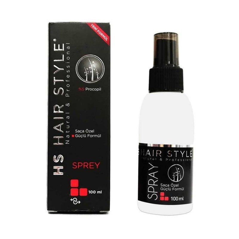 HS Hair Style Sprey bottle with spray nozzle, designed for hair styling and hold, shown against a plain background.