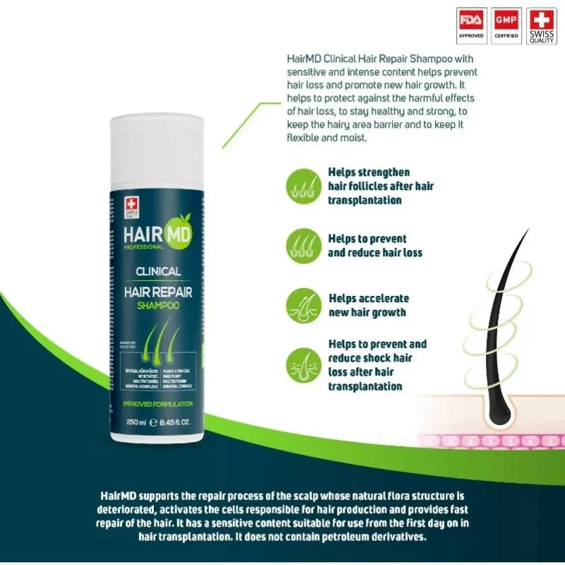 HAİRMD HairMD Klinik Saç Onarıcı Şampuan 250 ml bottle showing label and packaging for damaged hair repair.