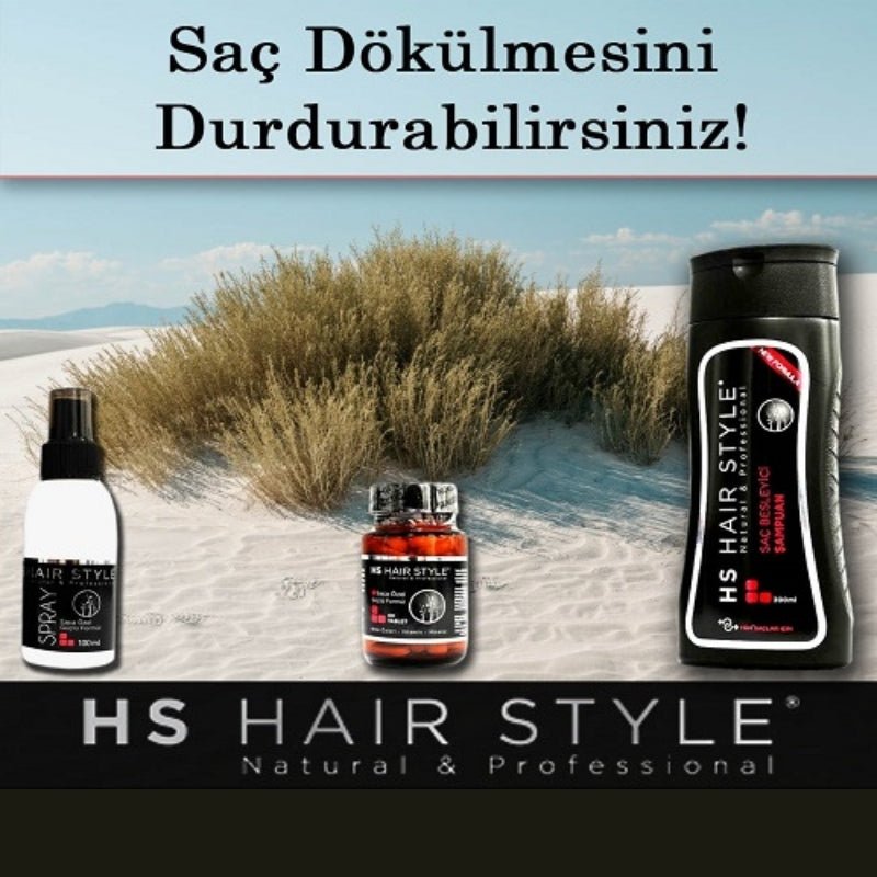 HS Hair Style 1-month set includes hair care products laid out with bottles and packaging, designed for healthy hair maintenance.