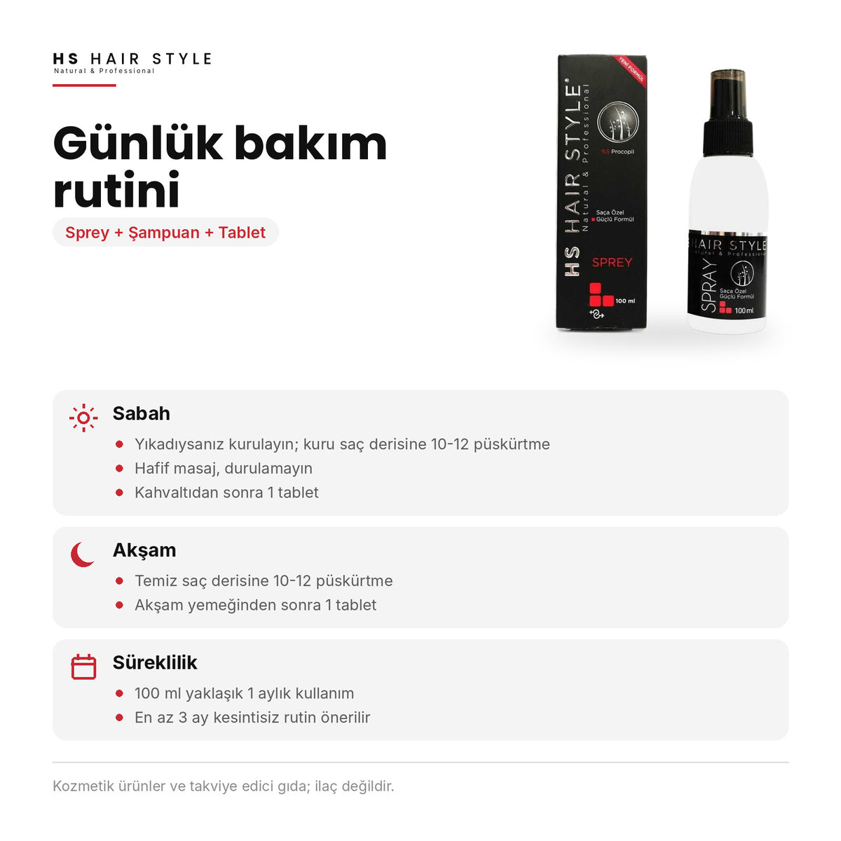 HS Hair Style Sprey 100 ml, günlük bakım rutini